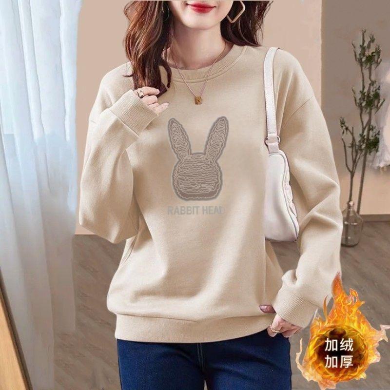 Women's Velvet Thickened Sweatshirt 2025 New Autumn and Winter New Round Neck Loose Bear Print Outer Top