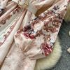 Women's Vintage Floral Print Long Maxi Dress Spring Stand Collar Long-Sleeve Single-breasted Fitted A-Line Dress