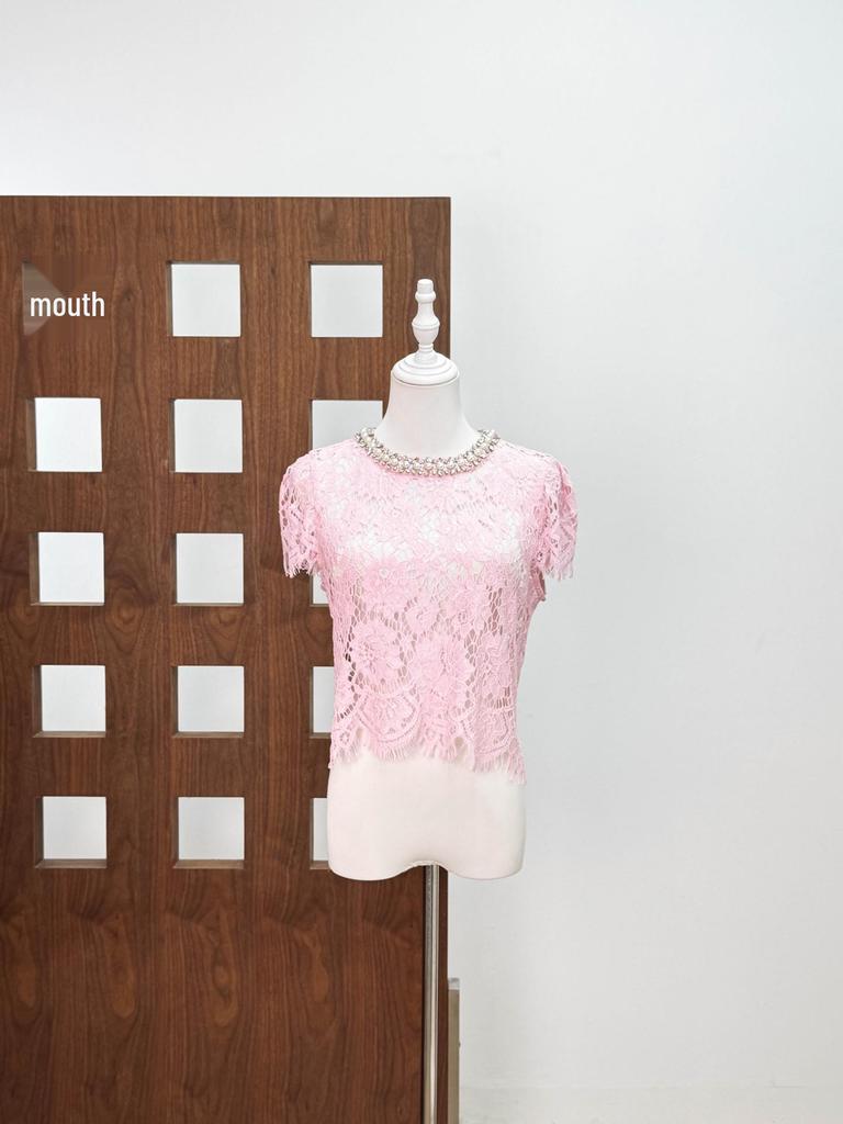 2026 Early Spring High-End Sexy Hollow-Out Beaded Short-Sleeve Lace Top for Women