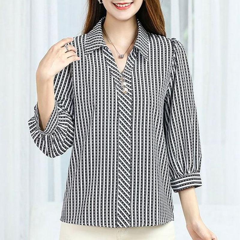 Female Clothing Commute Striped Shirt Casual Loose Fashion Turn-down Collar Chic Button Spring Summer 3/4 Sleeve Loose Blouse