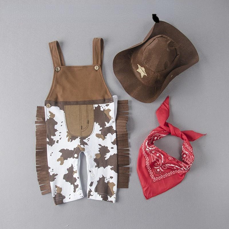 For Baby Boys Western Cowboy Romper Sets with Scarf and Hat Toddler Carnival Fancy Dress Cosplay Party Costume Infant Outfit