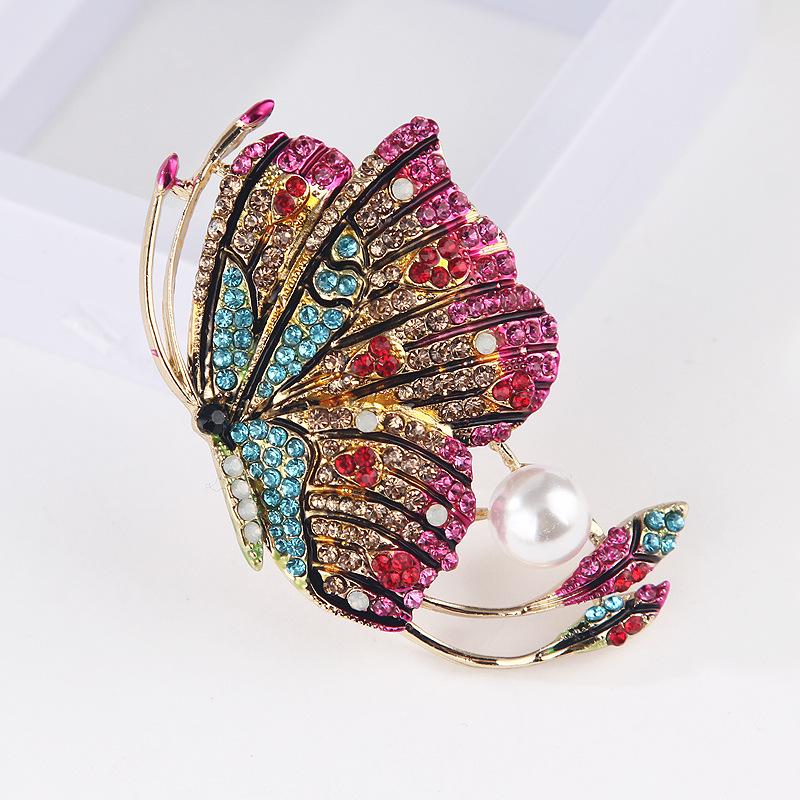 Fashion Coloured Diamonds Oil Drop Enamel Large Butterfly Insect Pearl Brooch Jewelry Corsage Pins Accessories