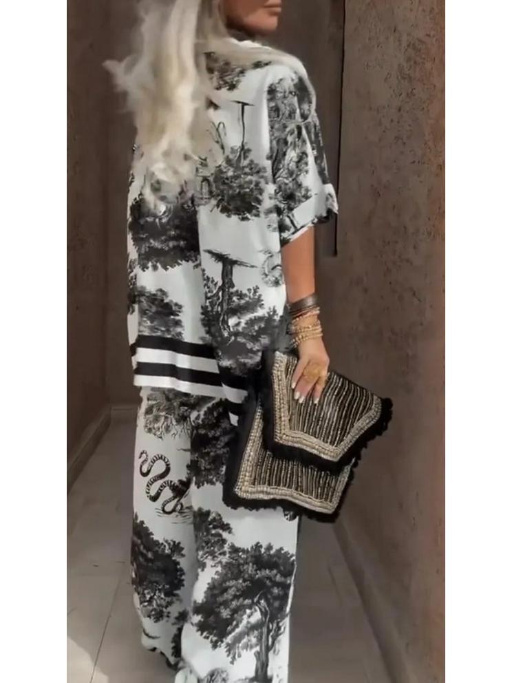 2025 Euro-American Casual V-neck Short-Sleeve Top & Wide-Leg Pants Set for Women