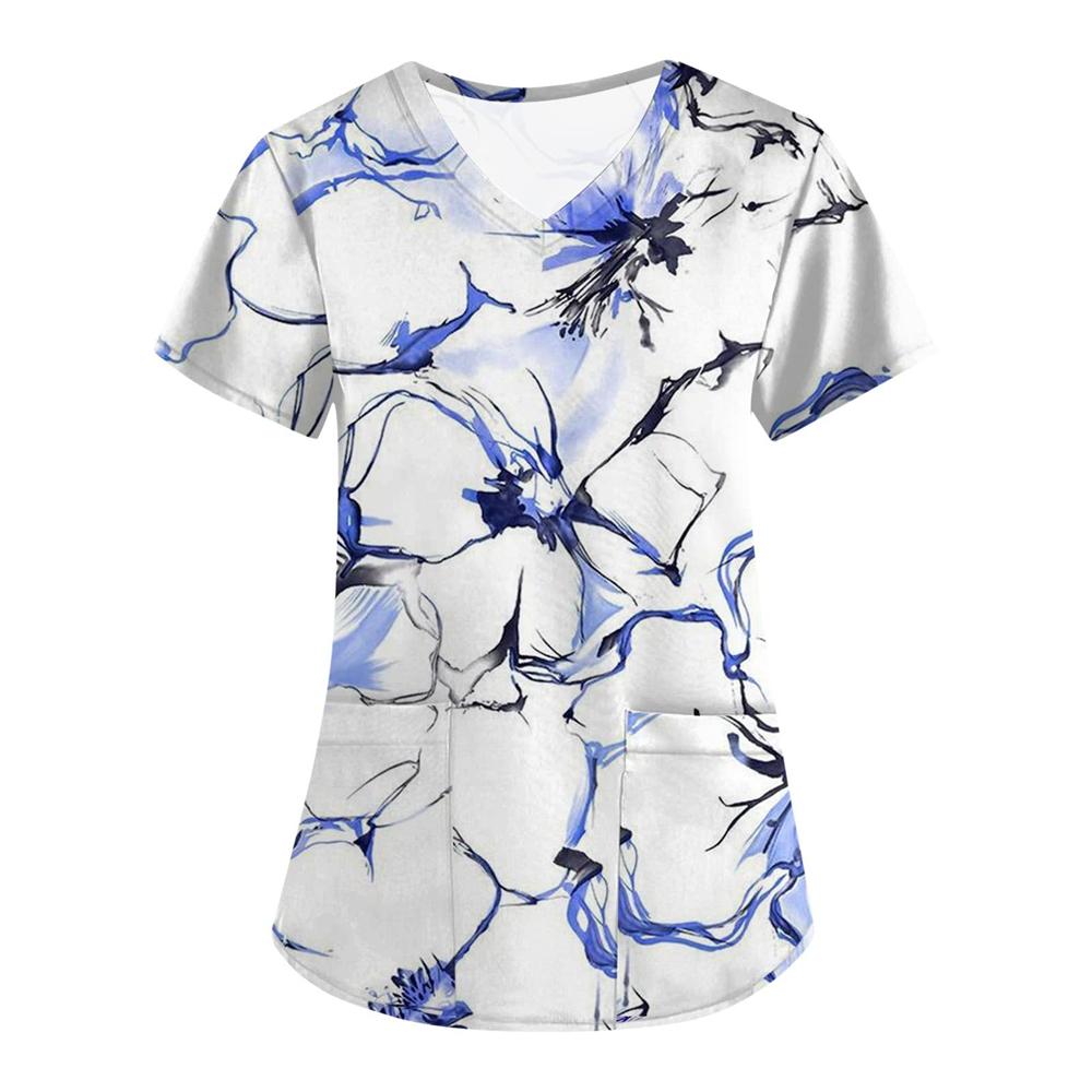 Surgical Uniforms Woman Fashion Floral Print Comforts Dental Nurse Tops Casual V-Neck Short Sleeve Vet Spa Nurse Uniform Woman