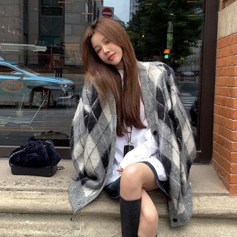Cardigan de toamnă/iarnă, cu carouri cu diamante, pulover cu contrast, cu decolteu în V, largi, lungime mijlocie, tricotată, pulover pentru femei, haină pentru femei