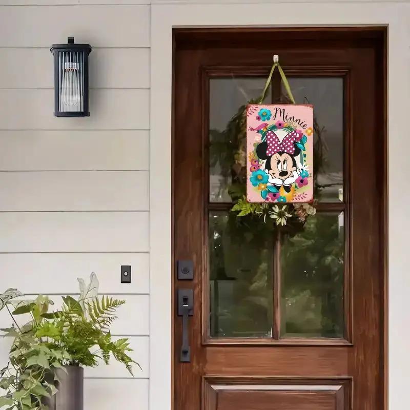 2D Flat - 1pc Minnie Mouse Floral Tinplate Wall Art - 12x8 Inch Metal Sign with Pink Bow & Multicolor Flowers, Vintage Home Deco