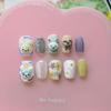 Handmade Press-On Nails Short Square Style Cute Cartoon Yellow Design Wearable Nail Tips Women Girls