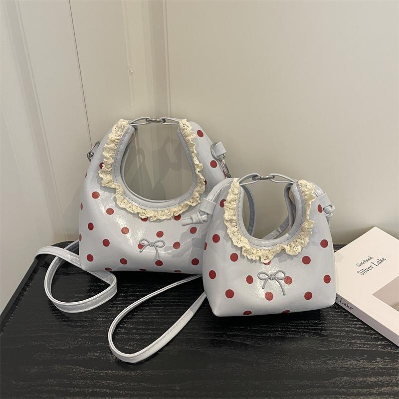 Polka Dot PU Leather Bag with Detachable Strap Lace Ruffled Handle Cute Bow Casual Purse for Daily Use