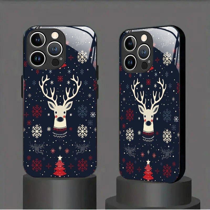 Custodia per Telefono in Vetro con Testa di Cervo e Fiocco di Neve Natalizio per iPhone 17 16 15 14 Pro Max 13 12 11 16E 17Air 7 8 Plus XR XS X Cover