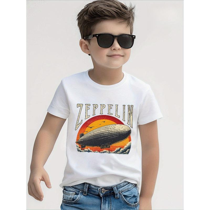 Boys Crewneck Tee, Zeppelin Cartoon Letter Print Breathable Short Sleeve Top for Spring Summer 110 белый