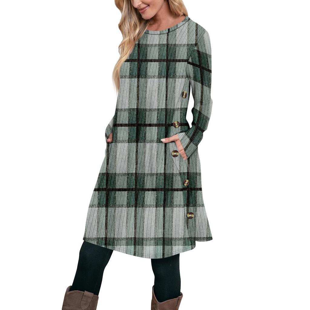 Women's Fashion Casual Long SleeveTunic Dress With Pockets Side Button Dress