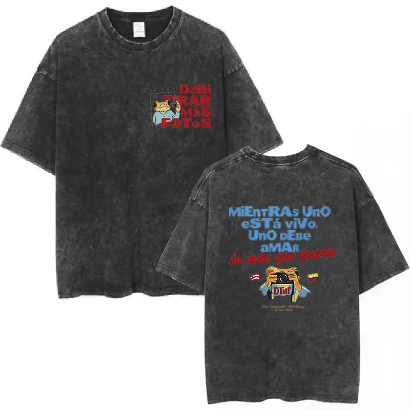 T-shirt alla moda Hip Hop Rapper Bad Bunny Cotone Lavato Vintage Debi Tirar Mas Fotos DTMF Abbigliamento Uomo