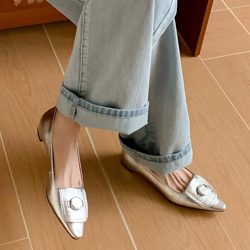 Silver fashion simple temperament button single shoes niche versatile pointed low heel shallow mouth pedal small leather shoes women's shoes
