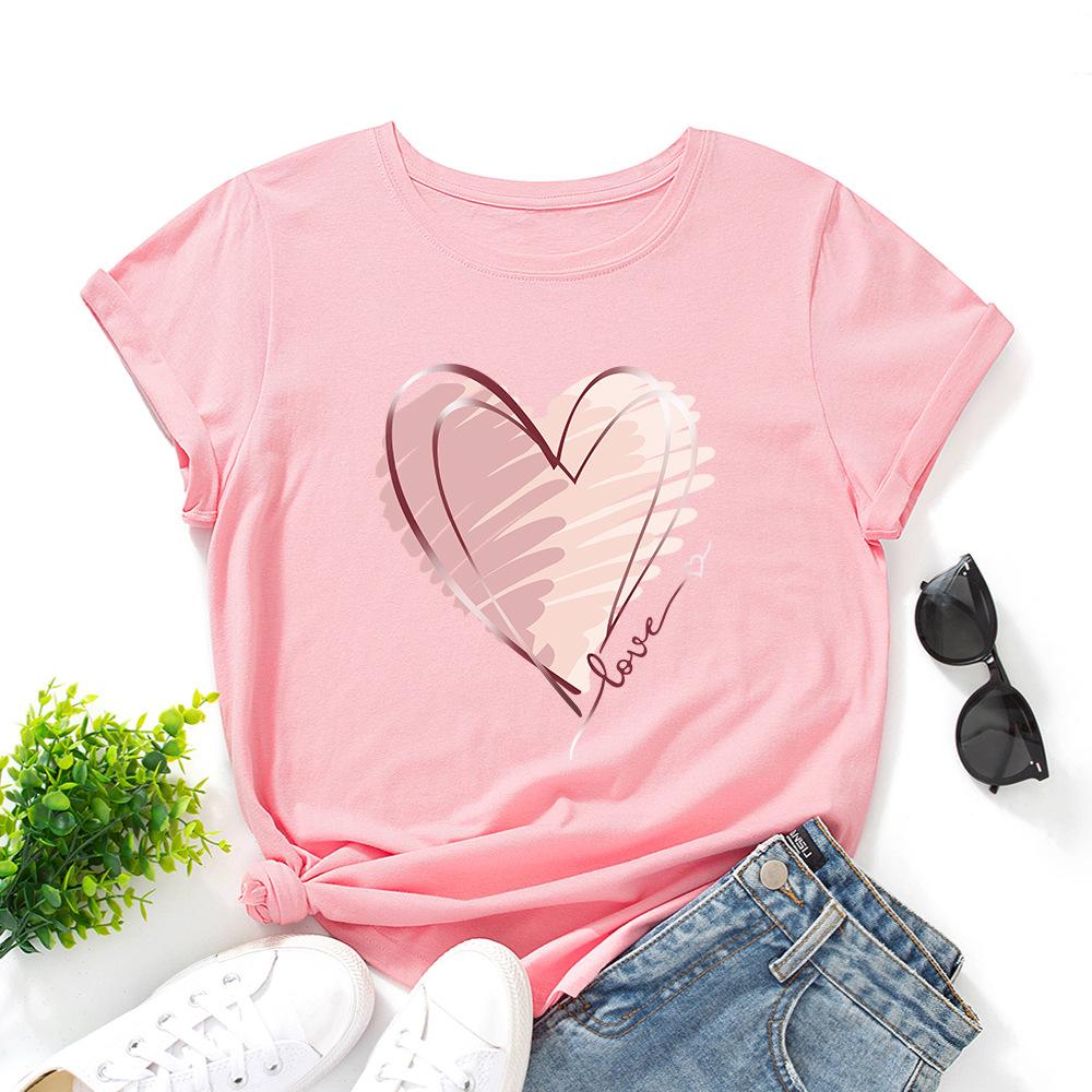 Módní bavlněné tričko s potiskem srdce, krátký rukáv, kulatý výstřih, dámské topy s 2D potiskem