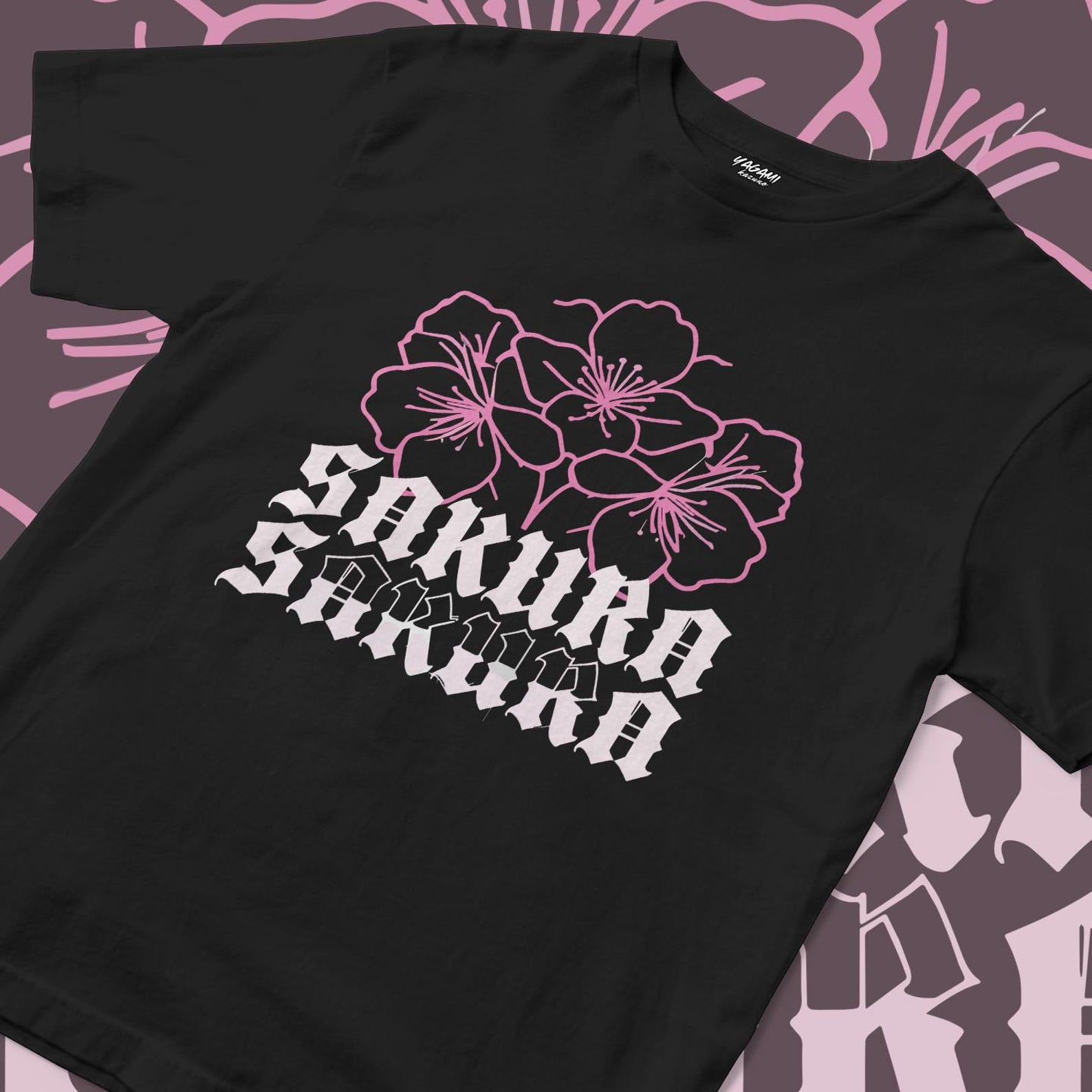 Sakura Outline T-Shirt | Japanese Floral Tee | Gothic Typography S
