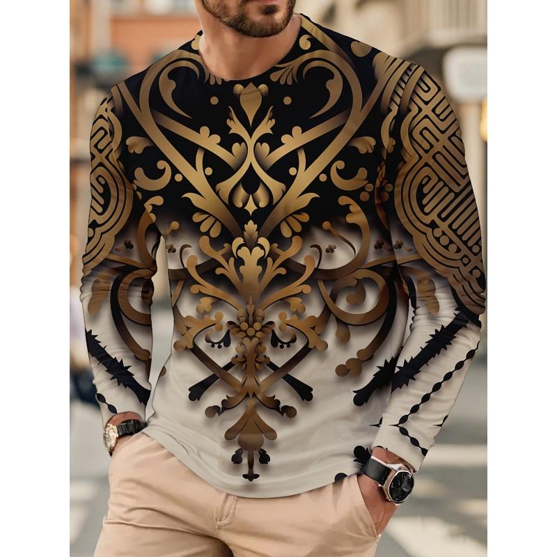 3D Print Colorful Exquisite T Shirt For Men Luxurious Pattern Tees Autumn Fashion Casual Loose O-Neck Tops Long Sleeves T-Shirts