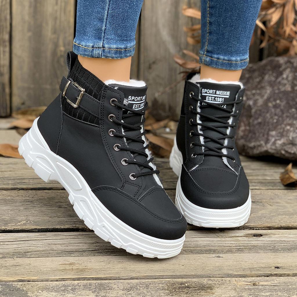 Fashion Fashion Women Warm Boots Mid Heels Shoes Winter Students Flat Boots Walking Pure Color Lace-up Boots Shoes Casual Sports Shoes