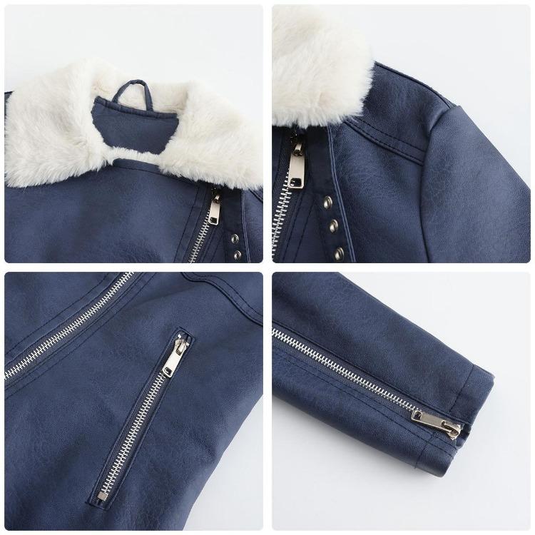 Women Fashion Slim Fit Pu Leather Jacket Long Sleeve Lapel Collar Zipper Fall Winter Coat