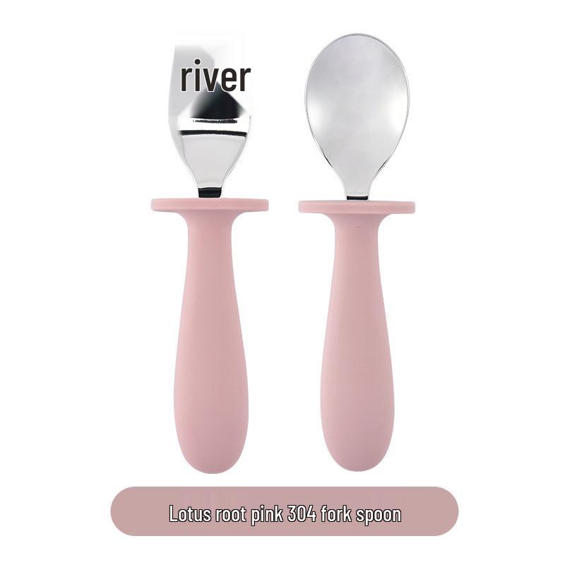 304 Stainless Steel Baby Feeding Set: Long-Handled Silicone Fork & Spoon