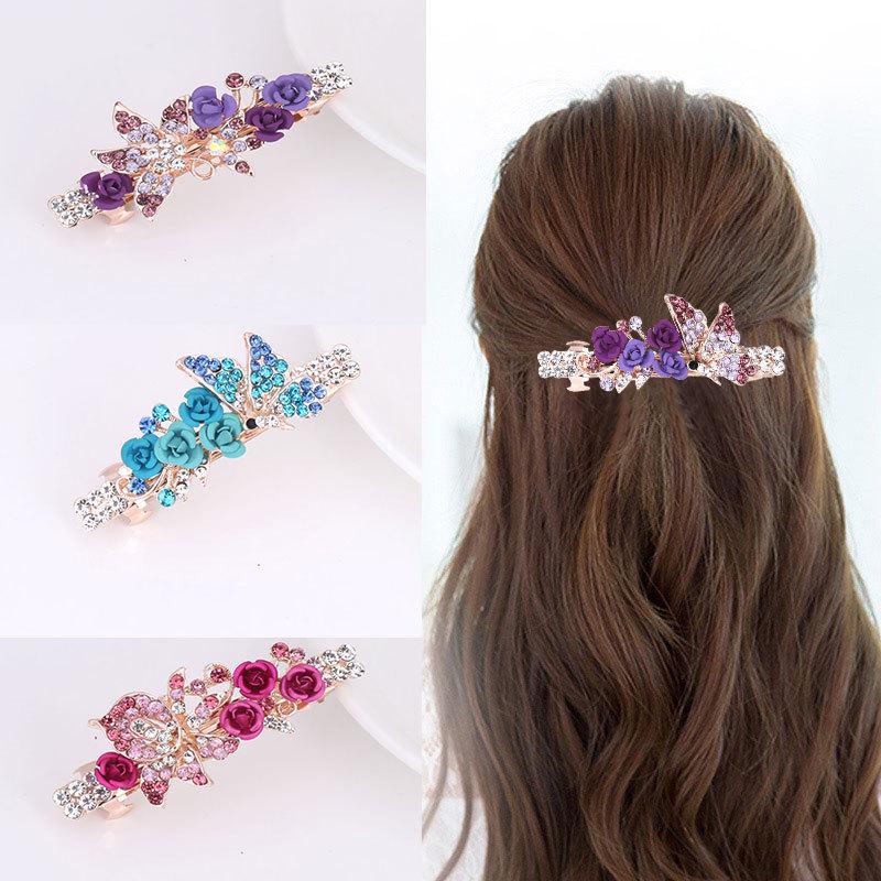 Rose Flower Rhinestone Butterfly Hair Clip, Women's Spring Clip, Top Clip, Horizontal Clip, Ponytail Clip Hair Accessory