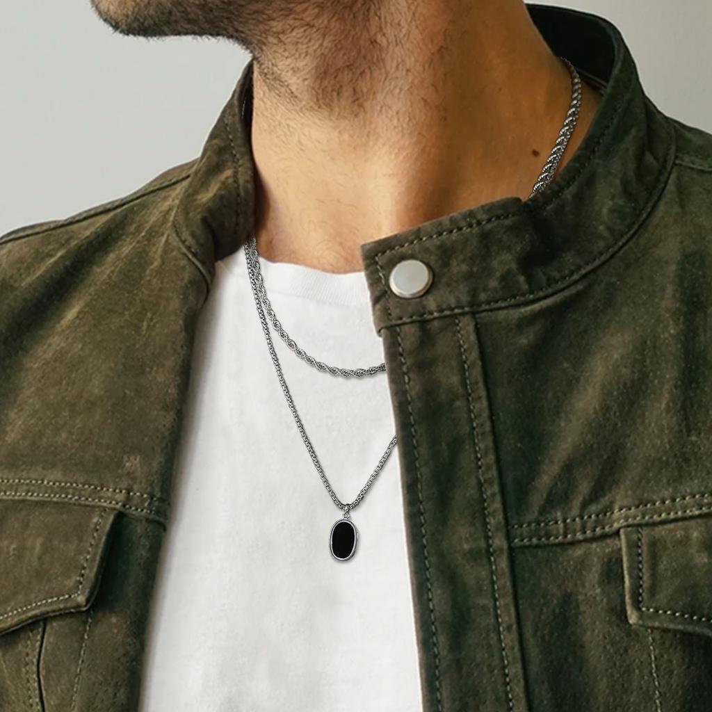 Vnox Stylish Mens Geometric Necklace with Black Enamel, Stainless Steel Metal Double Layered Chain Collar, Unique Gifts for Men