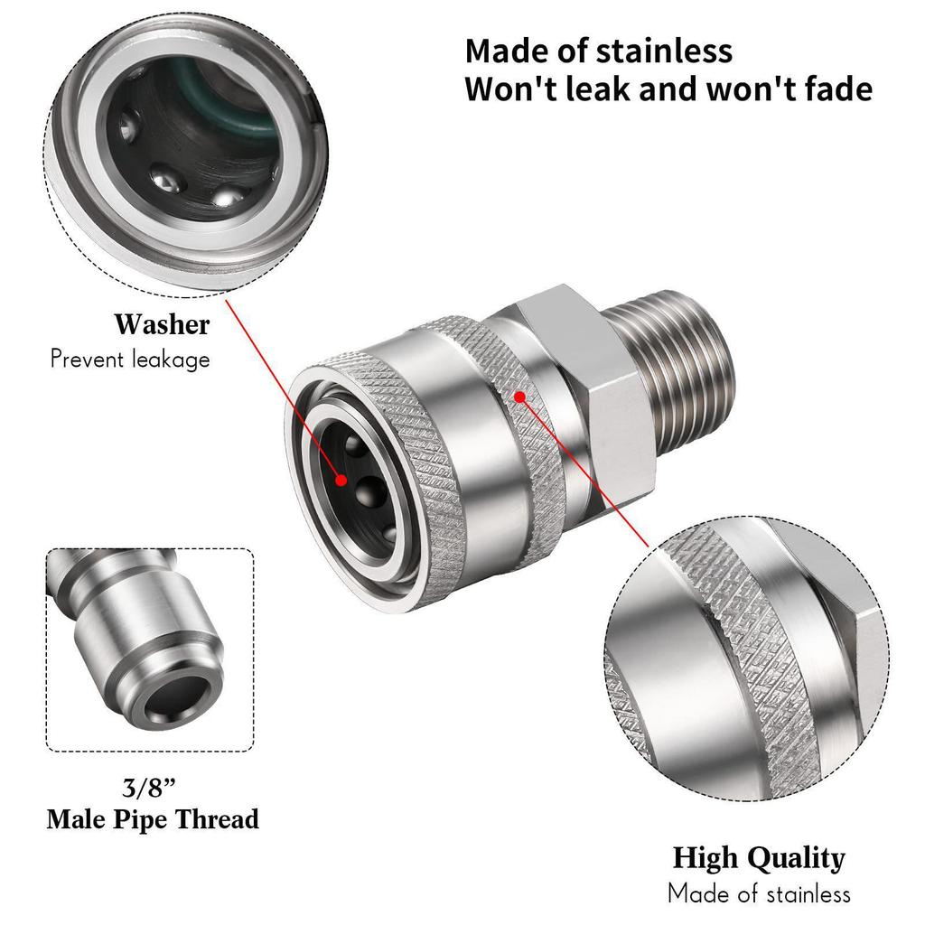Stainless Steel NPT 3/8 Quick Connect Adapter Set for Pressure Washer and PA Bottle