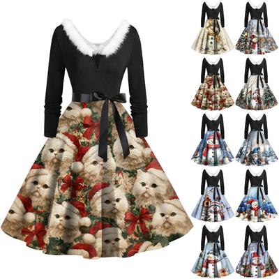 Christmas Print Flare Dress For Women Long Sleeve Dress Hollow Party Casual Dresses