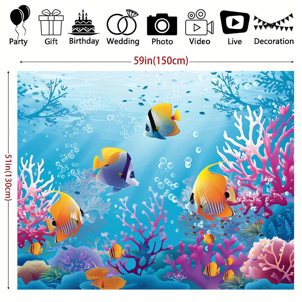 2D Plane, Background Fabric for the Underwater World - Tropical Fish and Coral Aquarium Scene, Polyester Fiber