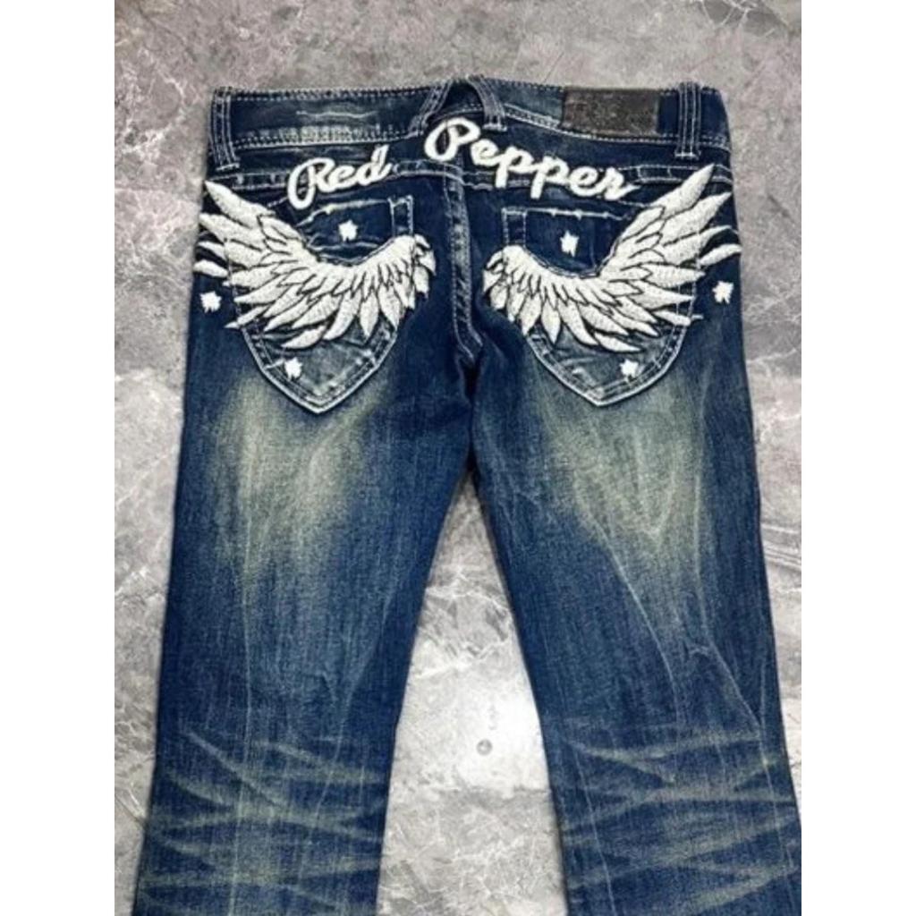 RogueWave American Retro Design Wing Embroidery Low Waist Women Jeans Flared Trousers Y2k Fashion Casual Hot Girl Pants