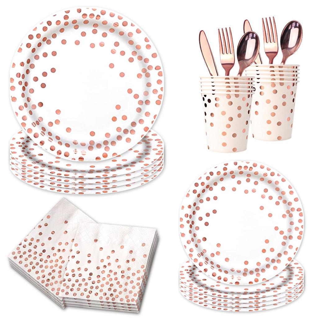 White Hot Stamping Rose Gold Polka Dot Disposable Birthday Paper Plates Set