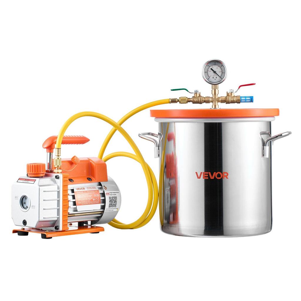18.93 L Vacuum Chamber with Pump, 3.5 CFM 99 L/min, Single Stage Vacuum Pump, Stainless Steel Degassing Chamber Kit, Tempered Glass Lid, 1.5 M Hose,