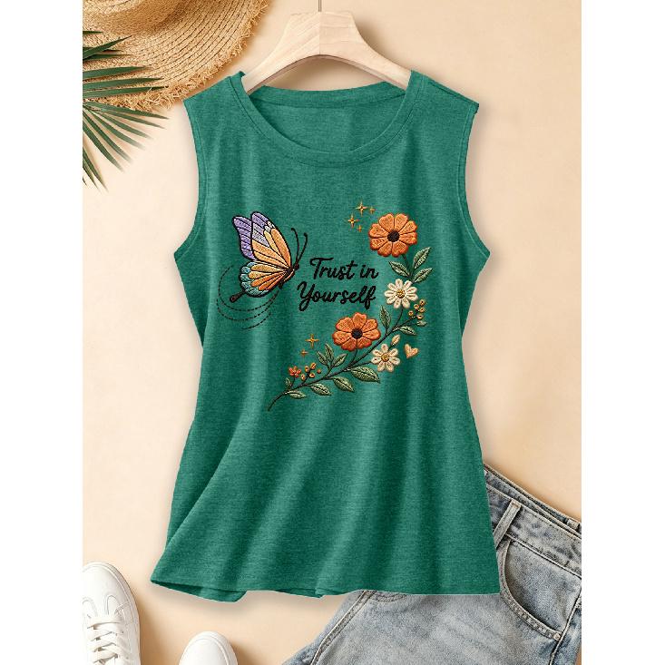 2026 New spring, summer, and autumn women's round-neck design Orange Blossom and Colorful Butterflies Inspirational English Daily Commuting