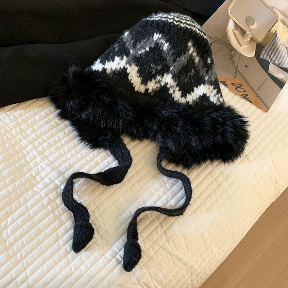 Windproof Faux Fur Lei Feng Hat Ethnic Style Pullover Beanie Hat Knitted Plush Hat Autumn Winter