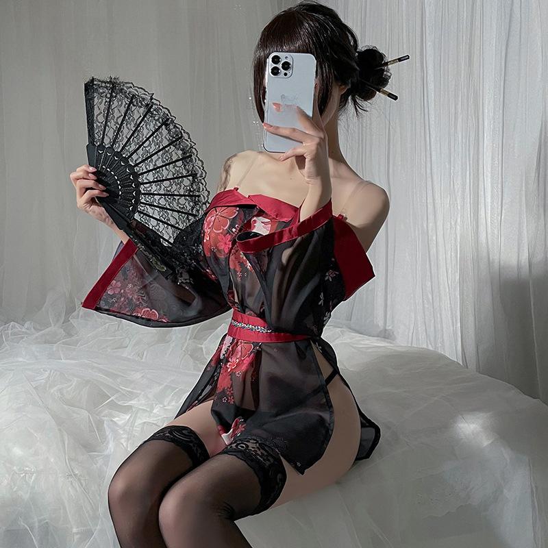 Sexy spodní prádlo Sexy bez ramínek Jednoramenné Japonské kimono Průhledný kardigan Uniforma Kostým Cosplay