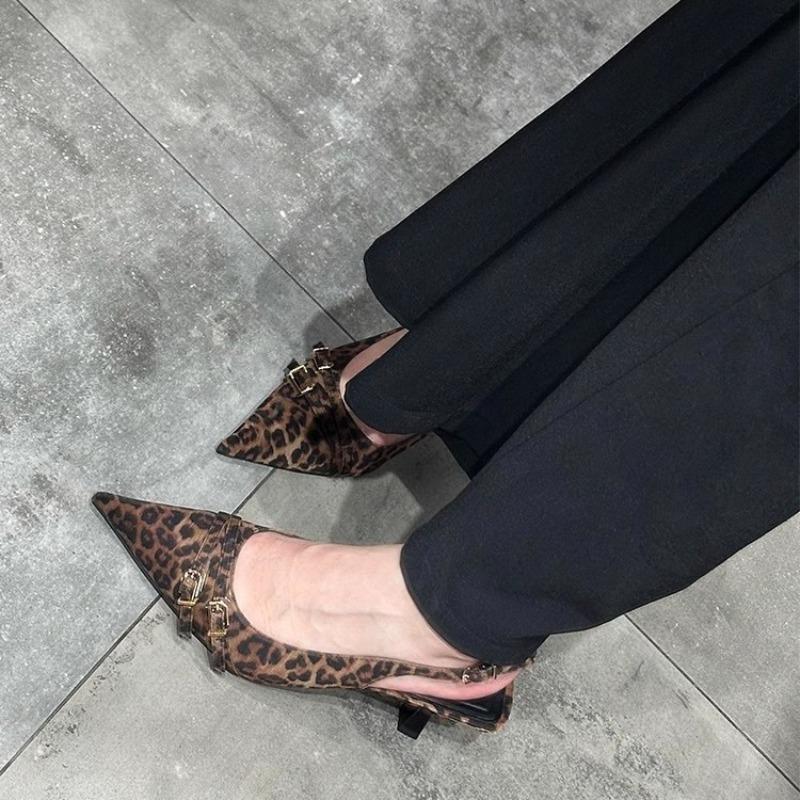 Fashion Women's Leopard Print High Heels Women's Elegant Fashion Pointed Designer High Heels Women's Temperament Sandals Sandalias Mujer