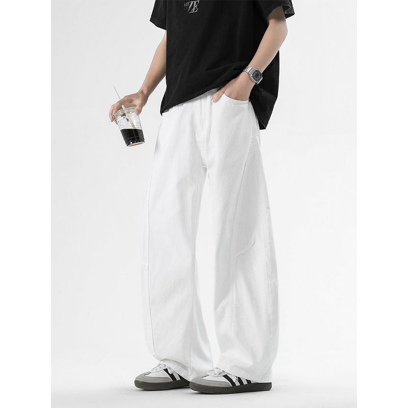Wassup High-End Curved Knife-Cut Workwear Casual Pants for Men, Three-Dimensional Tailoring, Trendy White High-Street Wide-Leg Jeans for Boys