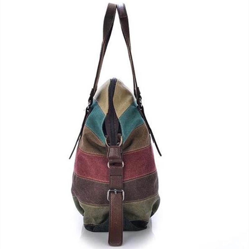 Canvas Totes Striped Womens Handbag Patchwork Rainbow Shoulder Bag  Fashion Female Casual Crossbody Bag