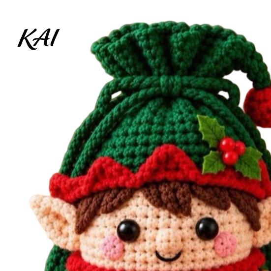 Holiday Home Decor DIY Christmas Crochet Gift Bag Material Kit for Beginners, Handmade Knitted Decoration Bag, Creative Xmas Tree/Elf/Nutcracker