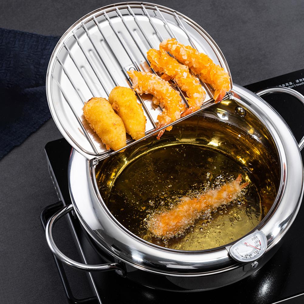 Hrnec na hluboké smažení v japonském stylu s víkem s teploměrem, odkapávacím roštem na olej, nerezový fritézový hrnec 304 na hranolky, ryby, kuře