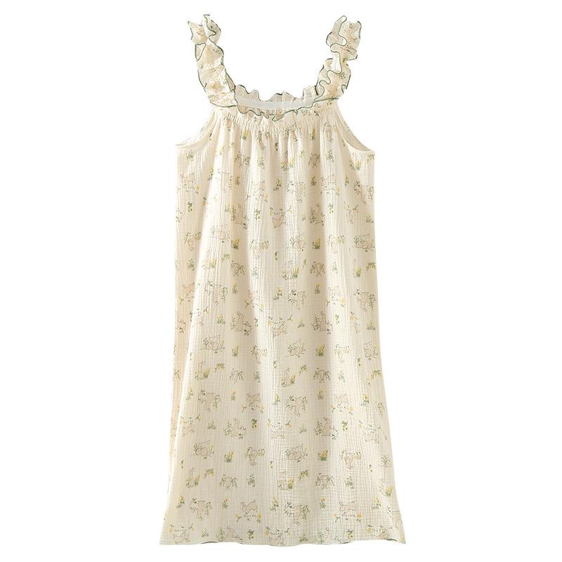 Crepe cotton seersucker women's summer suspender nightdress long dress sexy loungewear printed Korean version cute