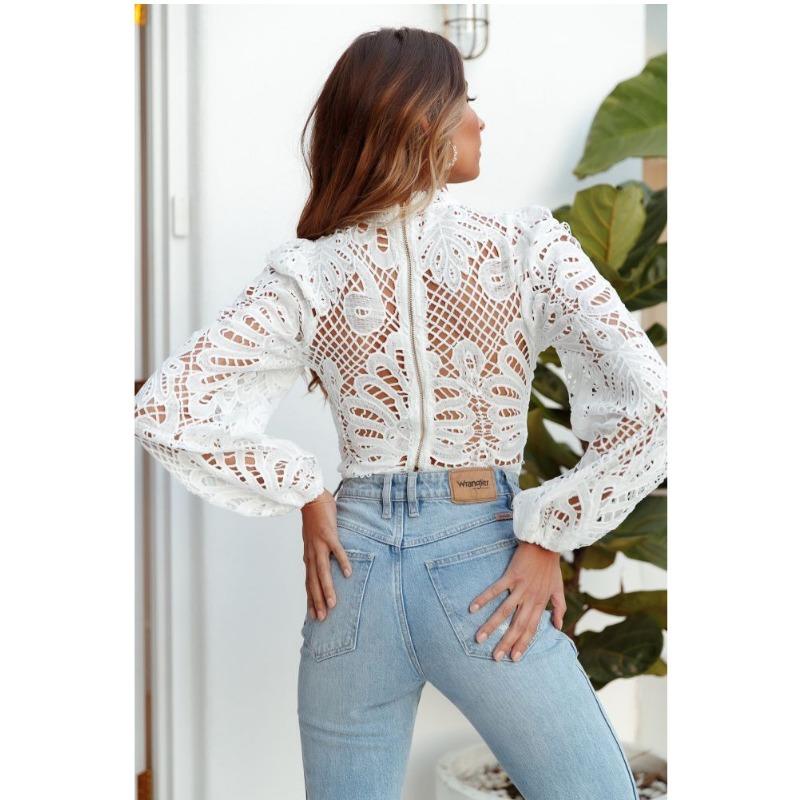 Women's New Sexy Hollow Out Long Sleeve Zipper Solid Colour Lace Shirt