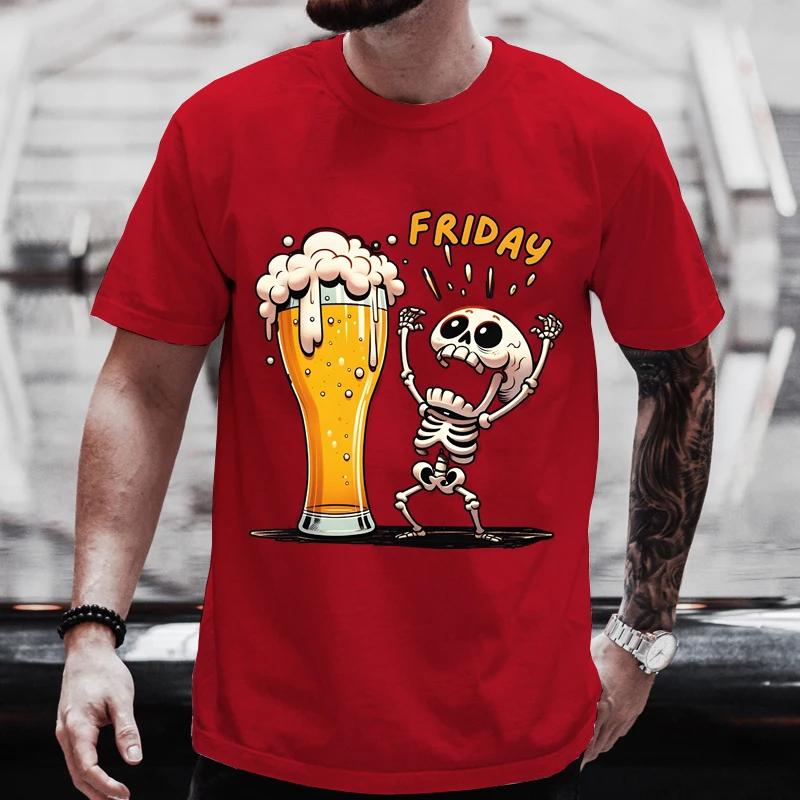 Unisex T Shirt Short Sleeve Tops Skeleton Enjoying FRIDAY Tees Unisex TShirt Finally Friday for Beer Lovers Unisex Clothes Oversized Tee