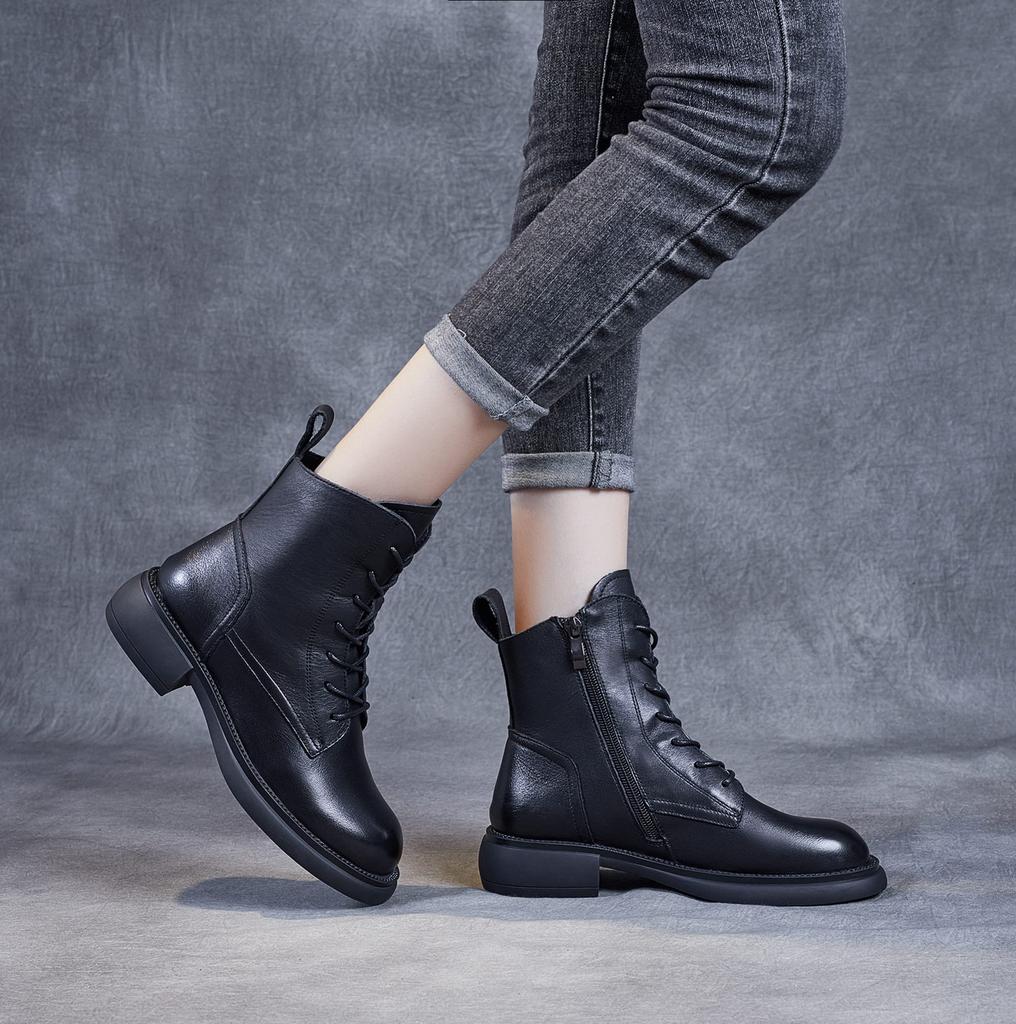 ZUYEE Genuine Leather Low Side Short Easy to Walk Size Women's Lace-Up Boots, Heel, Zip, Boots, Soft, Casual, in, Black, 23.5cm