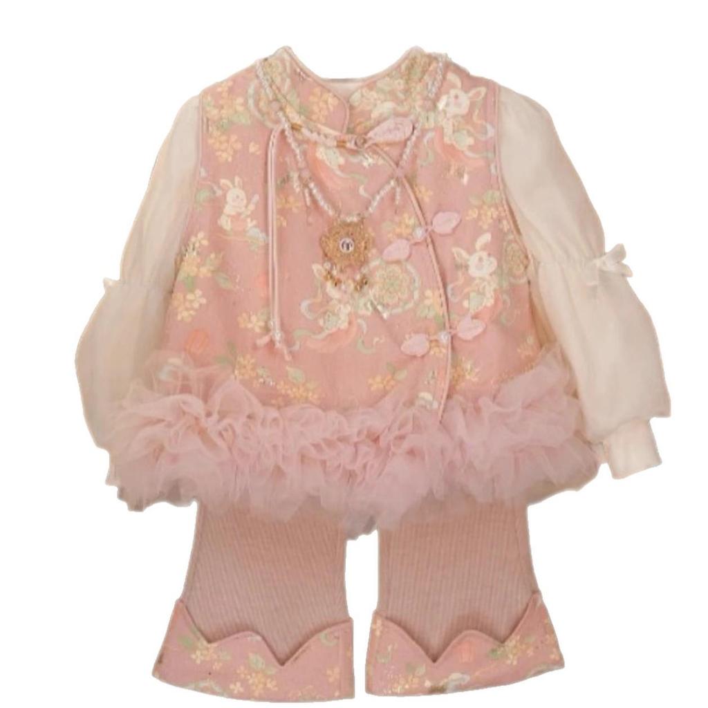 Autumn Three-Piece Chinese-Style Outfit for Baby Girls - Long Sleeve New Year Performance Set