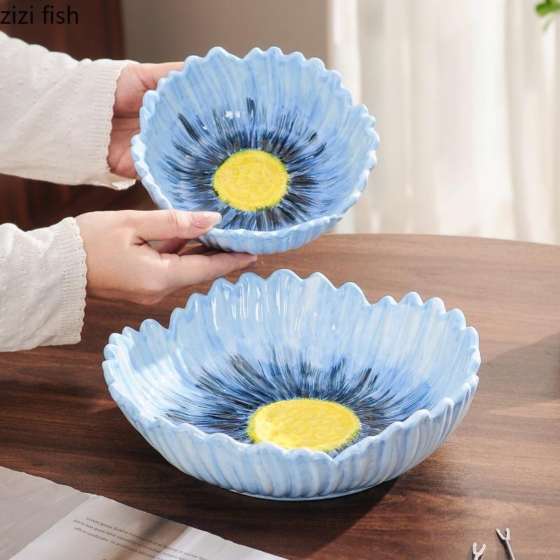 Flower Shaped Ceramic Fruit Plate Dessert Plate Salad Bowl Decorative Plates Candy Dish Snack Bowl Dim Sum Dish Storage Tray