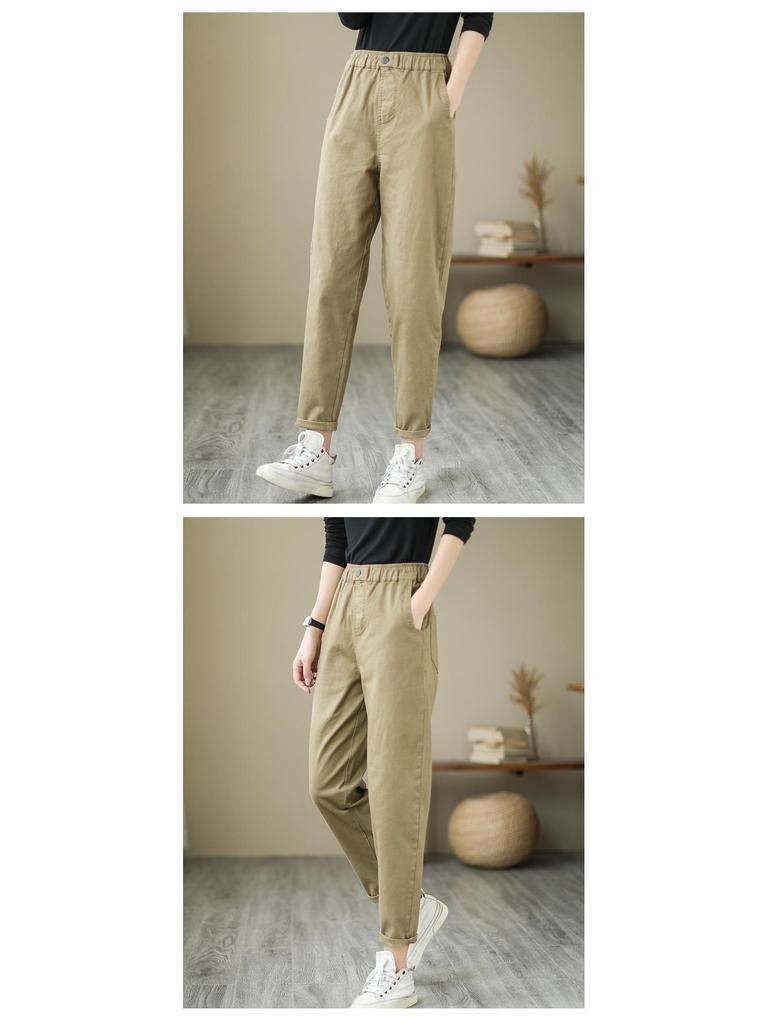 2024 Women's Spring & Autumn Retro Harem Pants, Elastic Waist, Loose Fit, Plus Size, Pure Cotton Carrot Pants