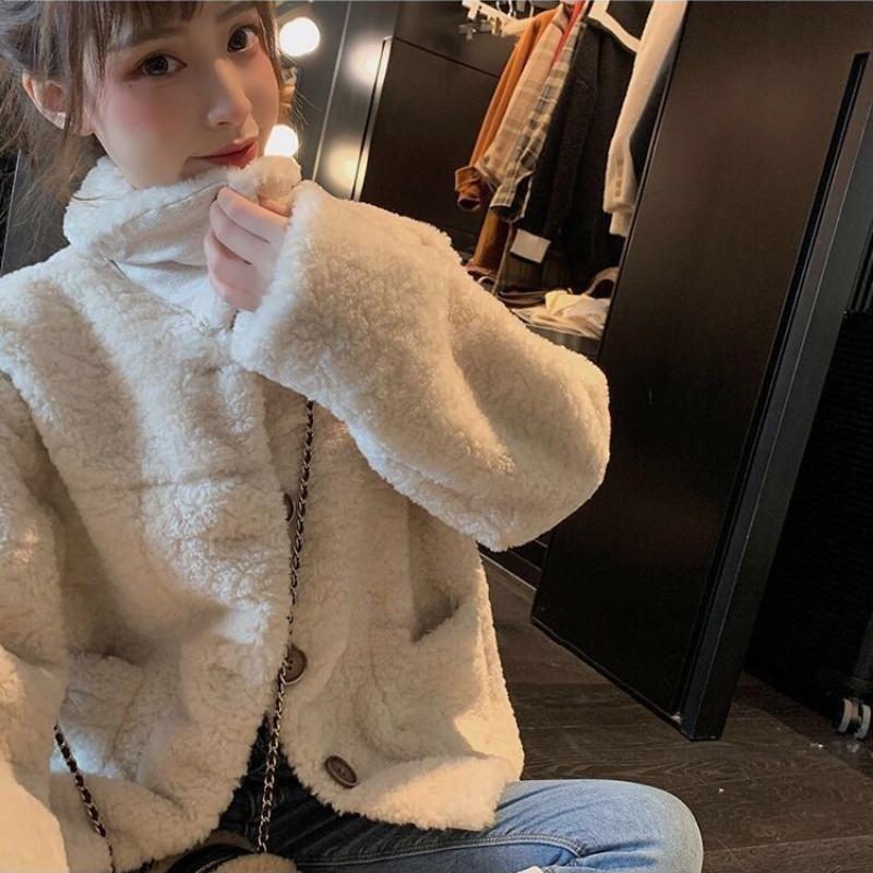 Lamb Hoodie Jacket Women Autumn Winter Loose Short Korean Versatile Student Cardigan Top