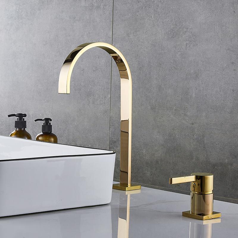 Basin faucet Bathroom super long pipe two holes Rose Gold Widespread bathroom faucet sink tap 360 rotating widespread basin Tap