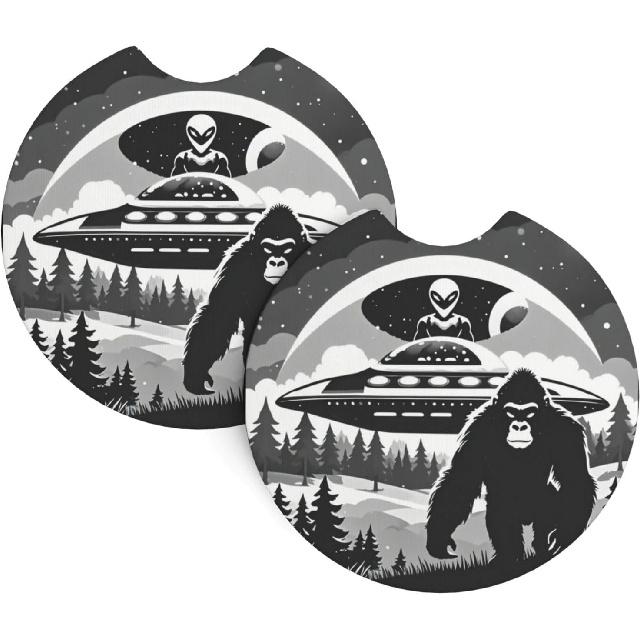 

Sasquatch Bigfoot Trees Forest Car Coasters for Cup Holders Pack of 2 Neoprene Cup Mat Pad Vehicle Interior Accessories for Men Women Ufo Alien And Bigfoot