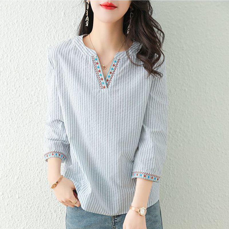 Women's Versatile Ethnic Style Age-Reducing V-Neck Cotton Top Striped Embroidered Button Loose Shirt